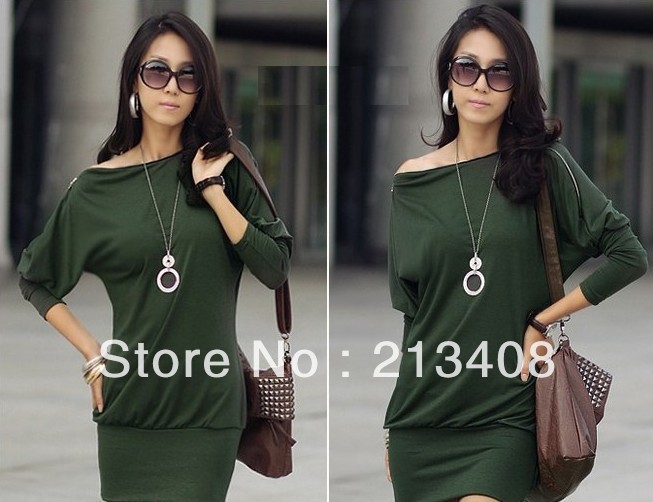 Free Shipping!Women's Off-Shoulder Tops Shirt Zip Korea Batwing OL Long Sleeve Dress,2013 knitwear pullover T-shirt for ladies