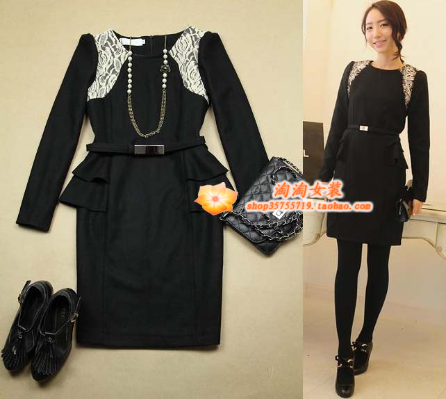 FREE SHIPPING Women's ol winter elegant lace patchwork slim woolen black one-piece dress