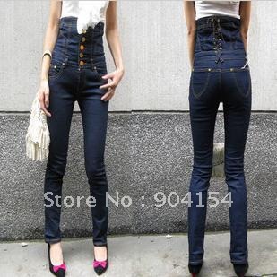 free shipping women's pants 2012 spring high waist women's jeans high waist pencil pants skinny pants jumpsuit single breasted