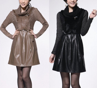 Free shipping- women's PU leather long-sleeve leather one-piece dress rabbit fur collar