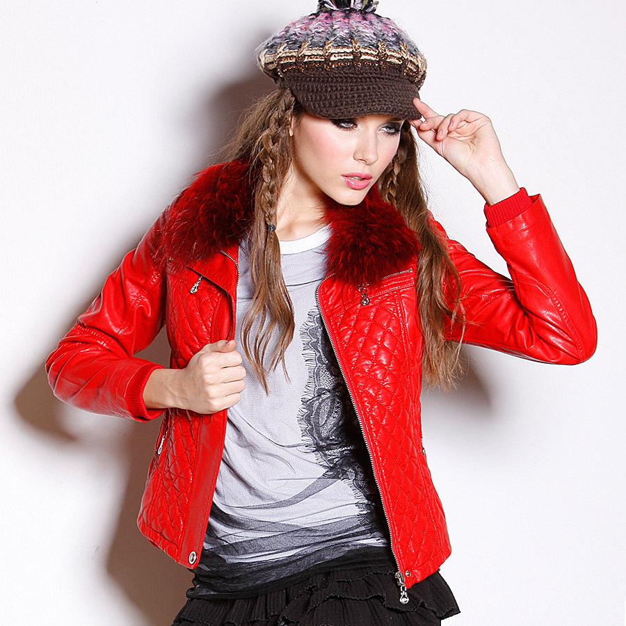 free shipping Women's PU thread cuff raccoon fur plus cotton plaid leather clothing outerwear 6081