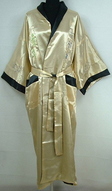 Free Shipping women 's Reversible Two-face Robe Gold Satin Polyester Embroider Dragon Kimono Gown