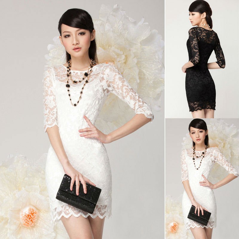 Free Shipping women's SEXY 3/4 SLEEVE LACE DRESS WITH SPAGHETTI STRAP DRESS -drop shipping