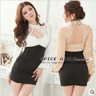 Free shipping women's sexy hollow out back turtle V neck long-sleeve club dress - CAD395