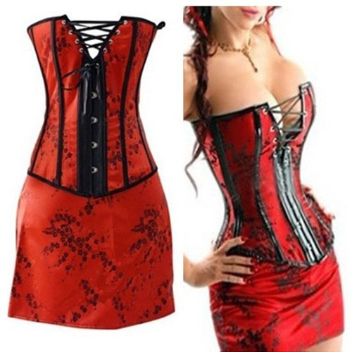 Free Shipping Women's Sexy Lace up Floral Tapestry Satin Corset Bustier Mini Skirt Dress Size S M Red S312