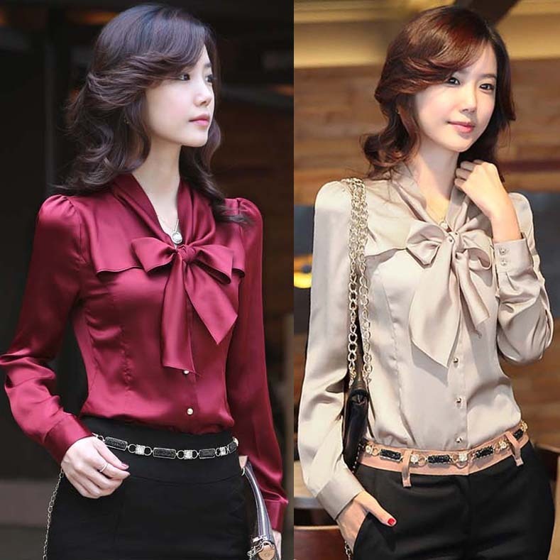 Free Shipping Women's Shirts 2013 New Style Stand Collar OL Slim Lady's Business Wear Bow-Tie Long-Sleeve Chiffon Blouse S-XXXL