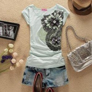 Free Shipping women's short sleeve cotton T-shirt lady Gemstones flowers printing Bat t-shirt summer tops clothes