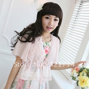 Free shipping! Women's short sleeve cute style pink&white chiffon rose lace short coat! F6001