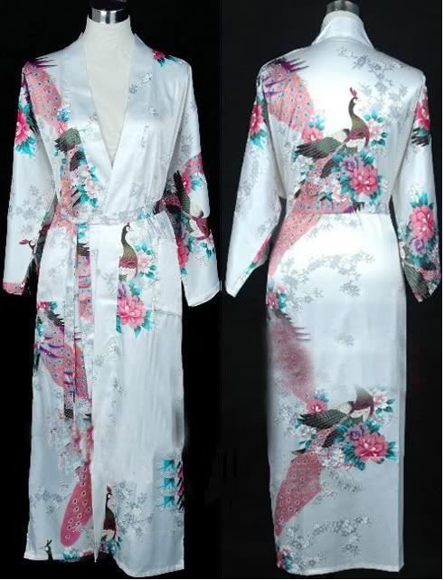 Free Shipping Women's SILK KIMONO ROBE Soft PINK Floral Peacock Gown wholesale/retail