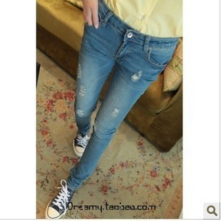 Free shipping, Women's single distrressed all-match denim pencil pants long trousers skinny pants lowing pants