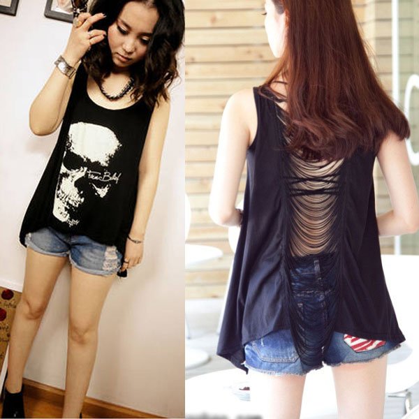 Free Shipping Women's Skull Irregular hem Sleeveless Back Hollow Tassel Vest T-Shirt Top HR307