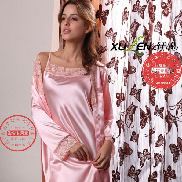 Free Shipping Women's sleepwear lounge summer Women sexy spaghetti strap women's silk faux silk robe bathrobes twinset