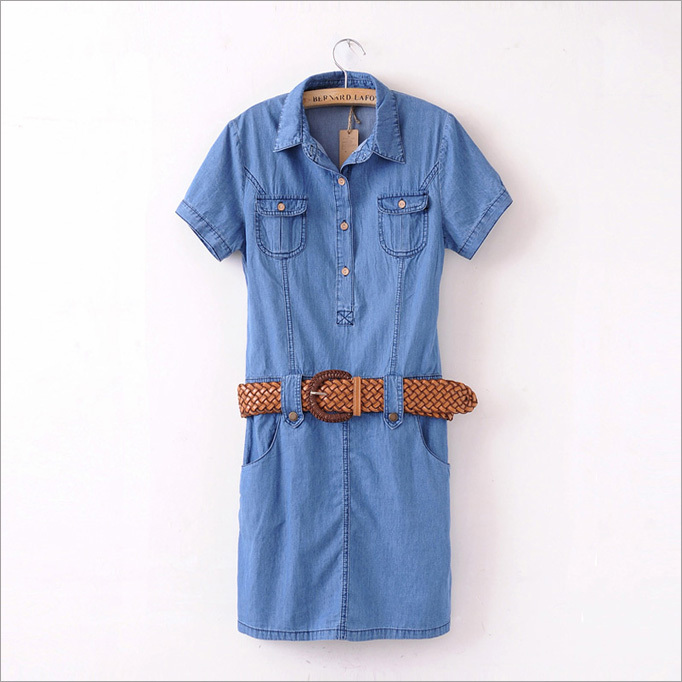 Free shipping Women's slim denim short-sleeve one-piece dress summer with belt summer