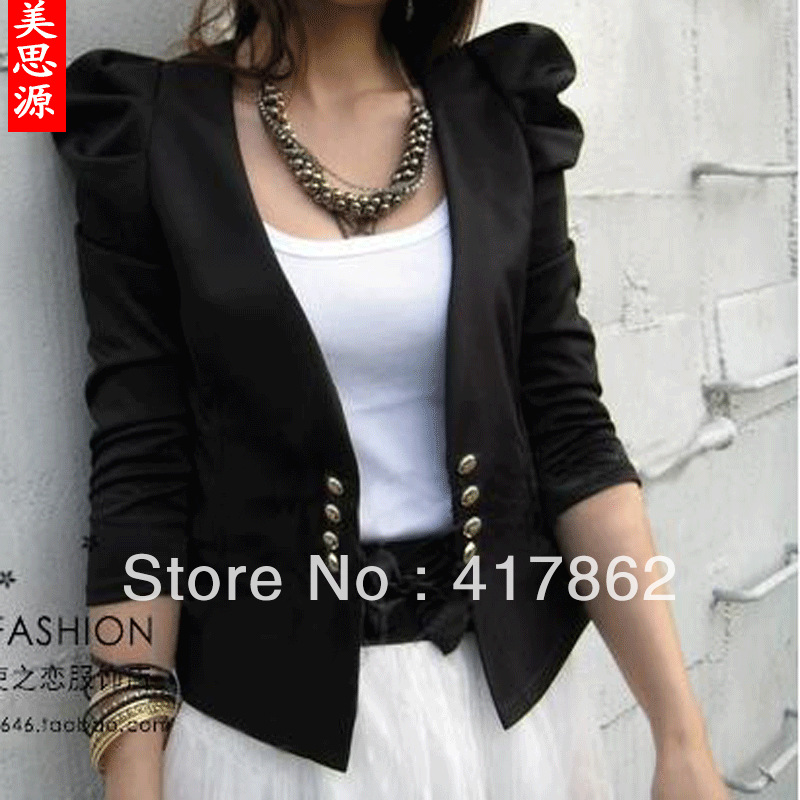 free shipping Women's slim double breasted elastic blazer short jacket shrug puff sleeve coat