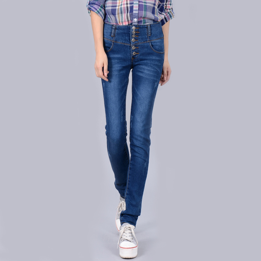 Free shipping Women's slim high waist jeans all-match pencil pants buttons pants trousers