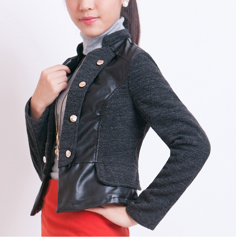 Free Shipping Women's slim short design motorcycle PU patchwork double breasted leather outerwear jacket - J097