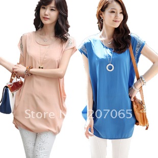 Free shipping  women's solid color loose chiffon top, short-sleeve o-neck chiffon blouse,women blouse  SIZE M,L. 3colour