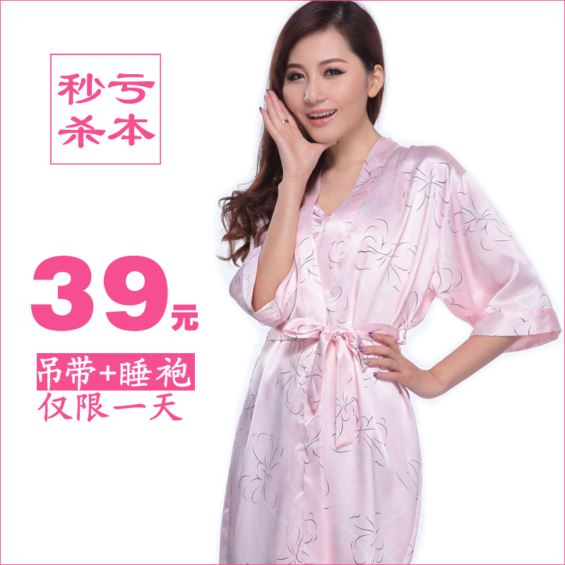 FREE SHIPPING Women's spring and summer faux silk robe sleepwear sexy silk spaghetti strap nightgown twinset lounge