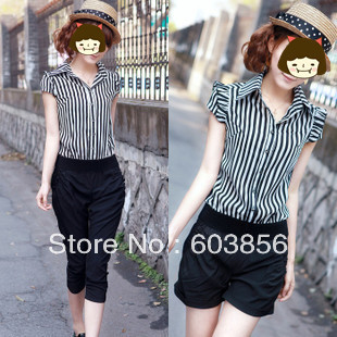 Free shipping Women's Stripe  jumpsuit overall Harem pants One-piece shorts jumpsuits pants