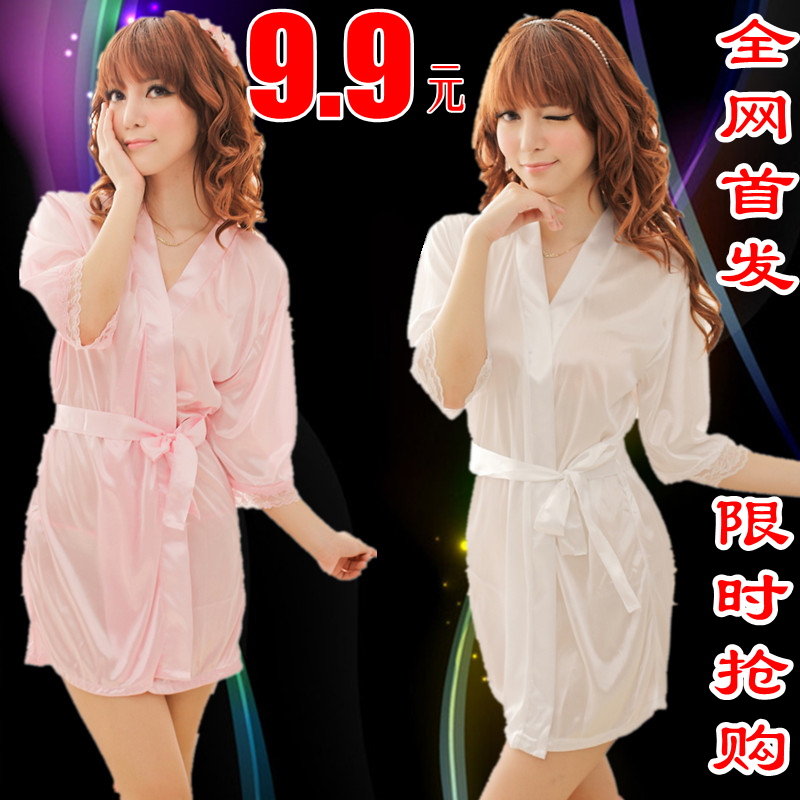 free shipping Women's summer sexy sleepwear faux silk viscose translucent bathrobes nightgown lace set temptation