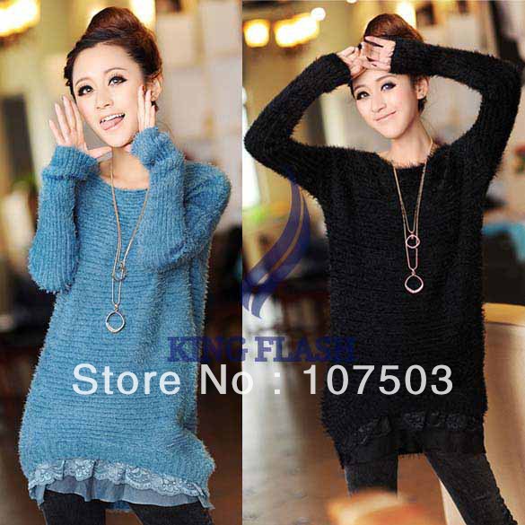 Free shipping Women's Sweet Lace Detail Hem Long Sleeve Knitted Sweater Top 4 Colors 9102