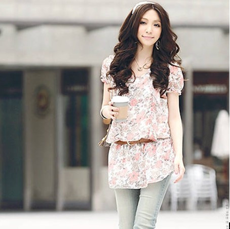 Free Shipping Women's sweet romantic 89635 print chiffon shirt