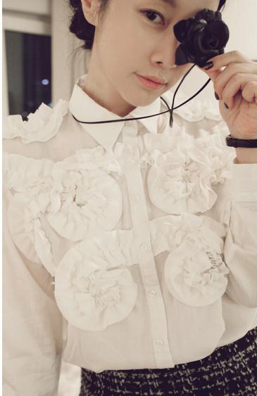 Free Shipping Women's sweet vintage three-dimensional flower long-sleeve chiffon shirt 12a