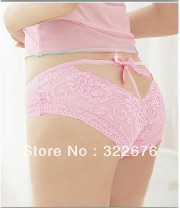 Free Shipping Women's Sweetly Rhinestone Bow Decorated Charming Lace Underpants Briefs White/Pink QZ12021606-2