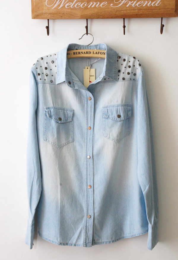 Free Shipping Women's water wash retro rivet finishing medium-long long-sleeve denim shirt female 12a