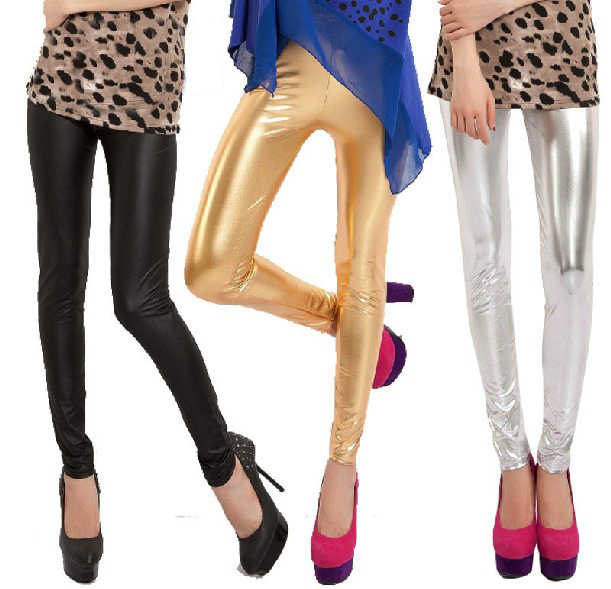 Free shipping women's wet PVC  look  sexy golden silvery fauxy leather legging