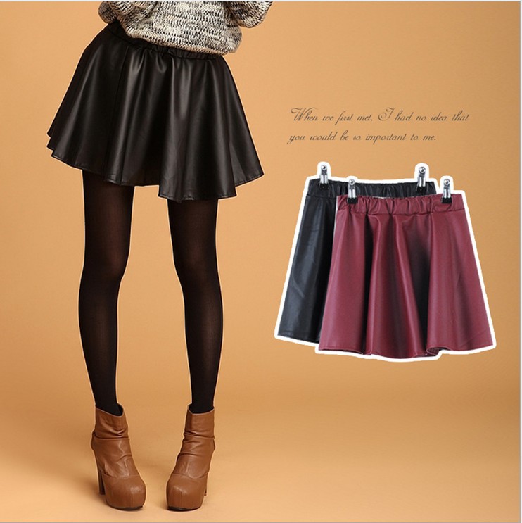 Free Shipping women's winter sweet vintage expansion bottom brief all-match solid color PU leather bust skirts