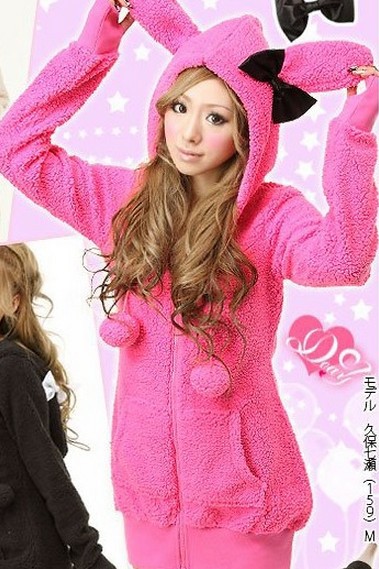 Free Shipping Women's Winter Sweet Zipper Front Rabbit Woolen Style Hooded Coat Pink Black Rose Without the Bow P10110301