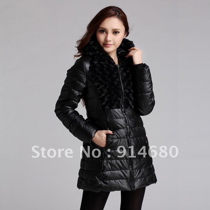 Free shipping!women's with a hood fur collar patchwork decoration down cotton-padded jacket Three size Five colors