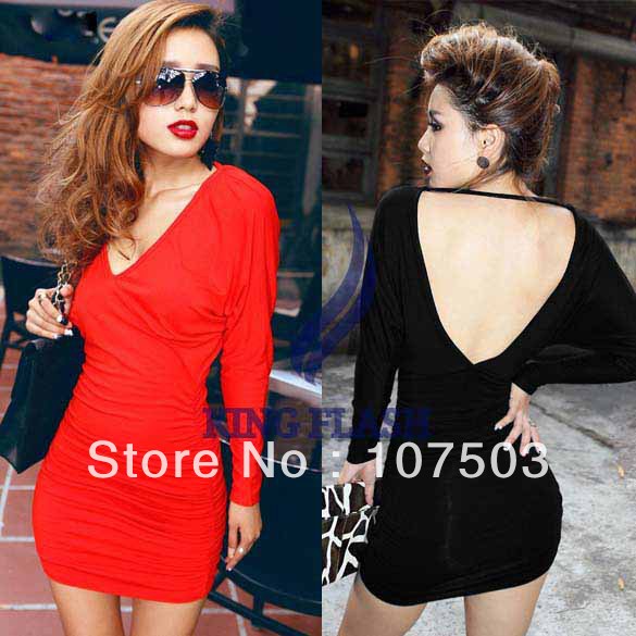 Free shipping Women Sexy Deep V-neck Long Sleeve Backless Dress Skirt Party Club Dress 3 Colors 9175