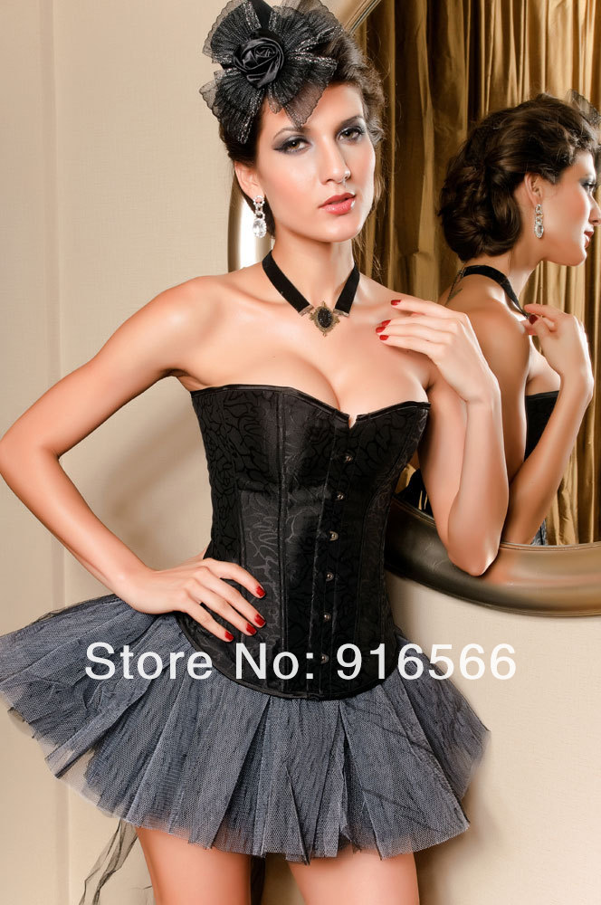 Free shipping Women Sexy Elegant Black Floral Brocade Burlesque Corset Sexy Bustier S XL XXL 1066033490