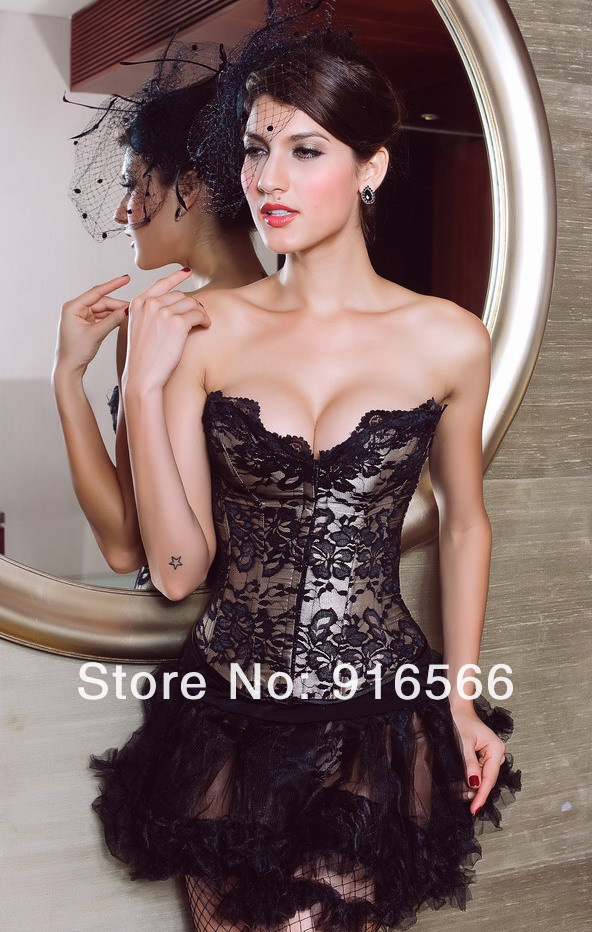 Free shipping Women Sexy Elegant Embroidered Black Satin lace Adult corset Sexy Bustier S M L XL 1066031176