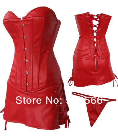 Free shipping Women Sexy Elegant Luxurious Leather Corset with Skirt Matching G-string Set Sexy Bustier S M L XL XXL 1066033501