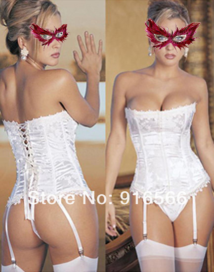 Free shipping Women Sexy Elegant White Stunning Corset with G-string Sexy Bustier S M L XL XXL1066031152