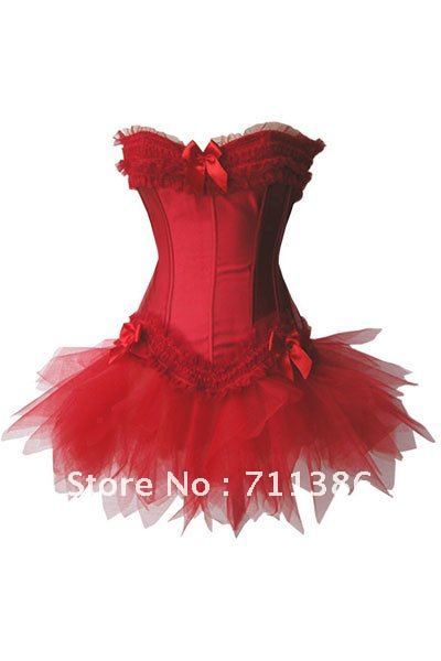 Free Shipping Women Sexy Lingerie Ruffle Trimmed Long Satin Red Sexy Corset Tutu Dress  (Size S,M,L,XL) LB4020R