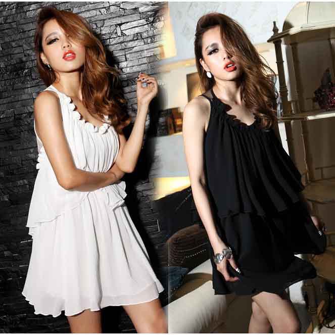 Free shipping Women sexy nightclub chiffon mini dress summer sleeveless backless ruffle dresses QZ0090 Black White