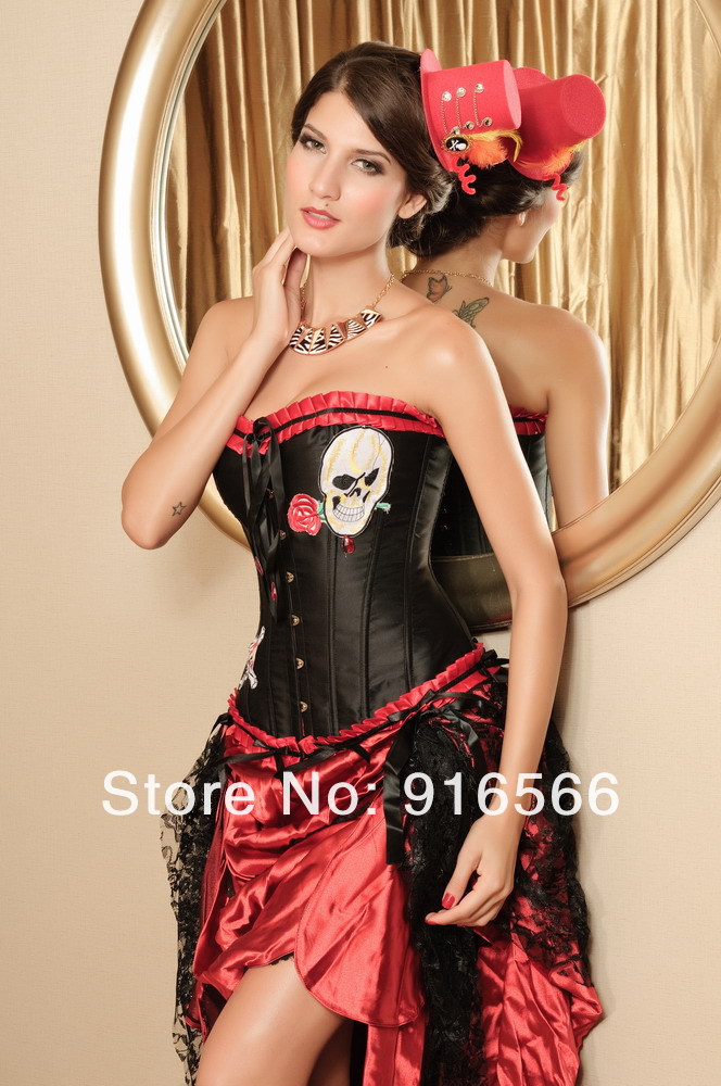 Free shipping Women Sexy Red lace trim with Skull Design Gothic Halloween Corset Top Sexy Bustier 5 Size S M L XL XXL 1066035060