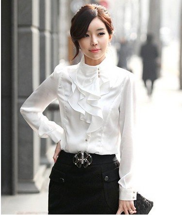 free  shipping  women shirts 2012   Pure Color Flouncing Stand Collar Long Sleeve Blouse White JY13030402