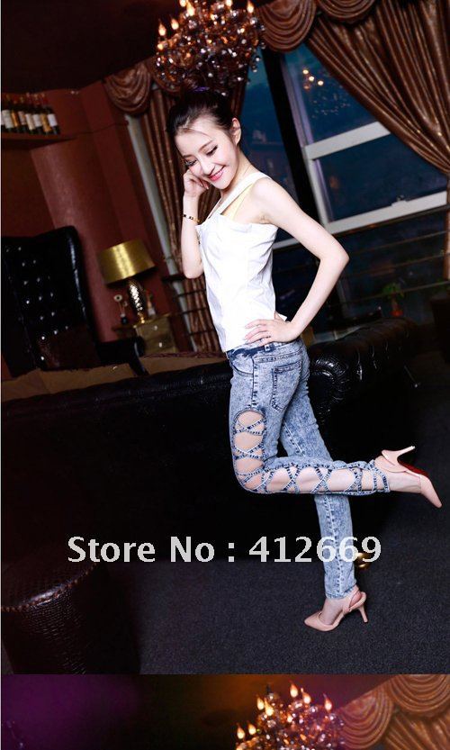 Free shipping Women side cutout ripped  hollow denim pants, female jeans leggings