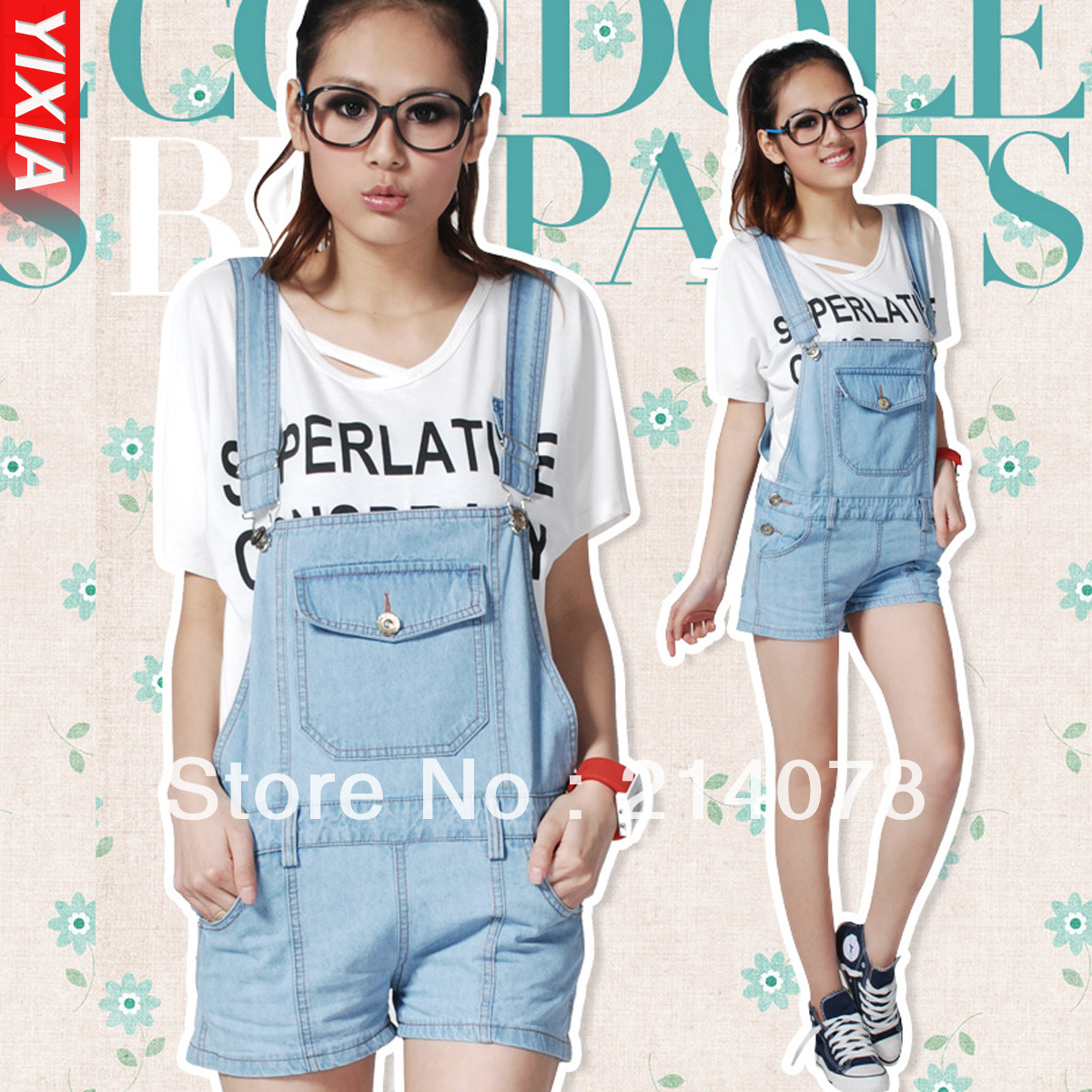 Free shipping women Summer wash suspenders cotton denim 100% preppy style sweet jumpsuit / short