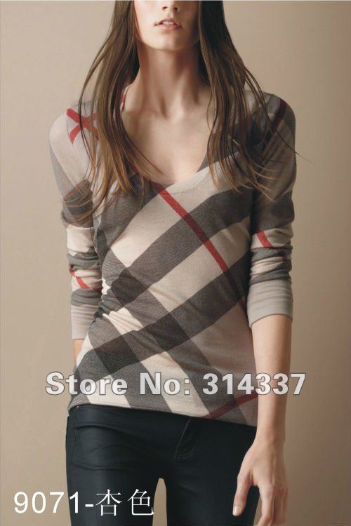 Free Shipping women T-shirt / brand bue berryblouse, plaid T-shirt,ladies' shirt,women long sleeve T-shirt ,O-Neck Tshirt.