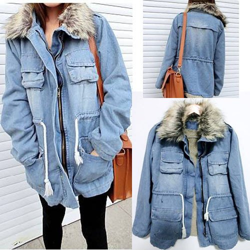 Free Shipping Women Thicken Jean Winter Coat Denim Faux Fur Collar Parka Warm Jacket Overcoat