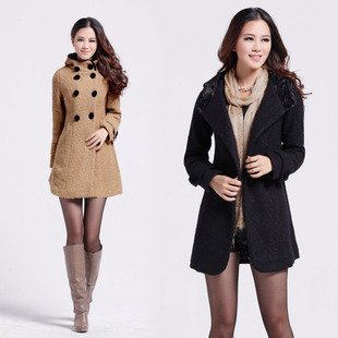 Free shipping Women wool coat warm long hooded jacket winter overcoat outerwear trench coat 2012 new Korean style wiith bowknot