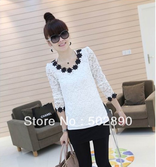 free shipping womens flower collar lace shirt lace long-sleeve top basic shirt slim shirt