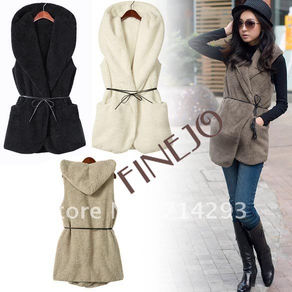 Free shipping! Womens Ladie Designer Faux Lamb Fur Long Vest Jacket Coat With Belt 5 Color 7669