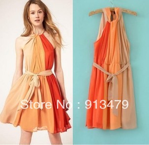 Free Shipping Womens Ladies Patchwork Chiffon Halter Sleeveless Minidress One Piece Skirt